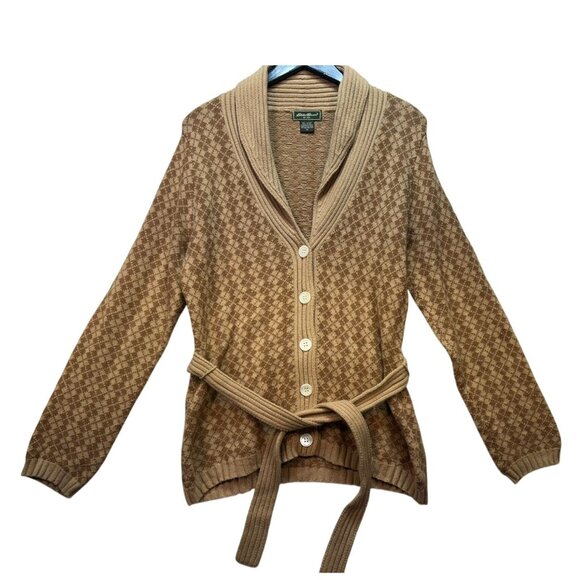 Eddie Bauer Sweaters - Eddie Bauer Womens  Cardigan Belted Sweater Medium Brown Cream Diamond Pattern